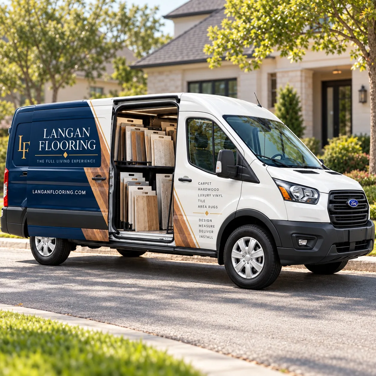 Langan Flooring mobile showroom van parked outside a home with flooring samples inside