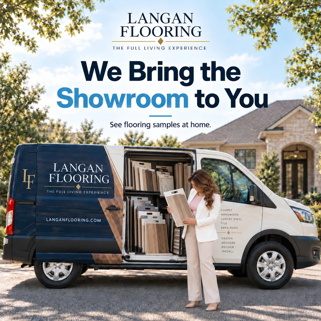 Wendy Langan choosing a flooring sample from the Langan Flooring mobile showroom van